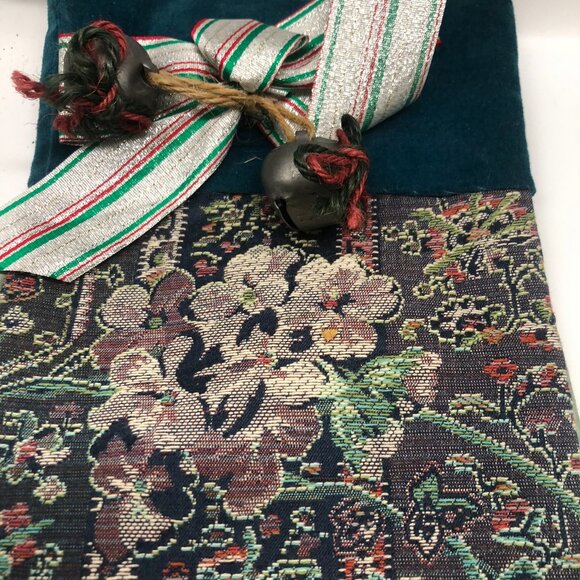 VTG 2 Piece Tapestry Traditional Christmas Stockings Gold Jingle Bell Detail - Picture 3 of 10